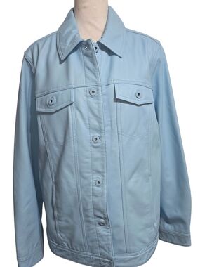 D&Co Baby Blue Leather Jacket XL Soft Lambskin Button Front Shacket